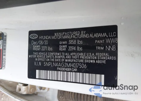 2021 Hyundai Elantra Sel z USA, uszkodzony, nr VIN 5NPLN4AG2MH017506